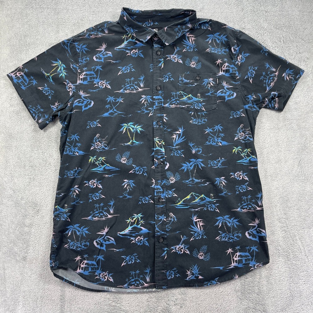 O'Neill Button Front Shirt Mens XXL Black Tropical Floral Island Life Stretch